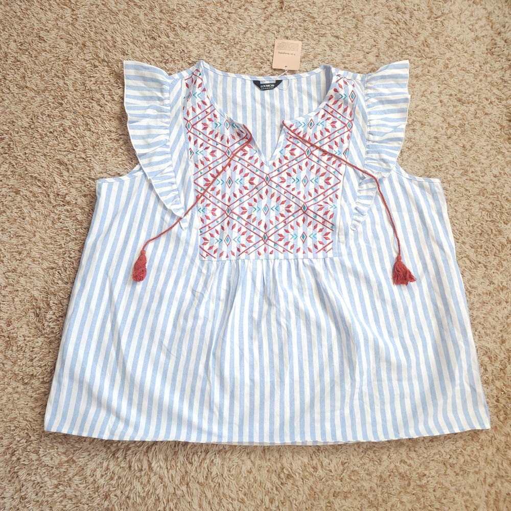 Bloomchic Blouse Women 22-24 Blue White Striped Embroidered Ruffle Tassel Boho